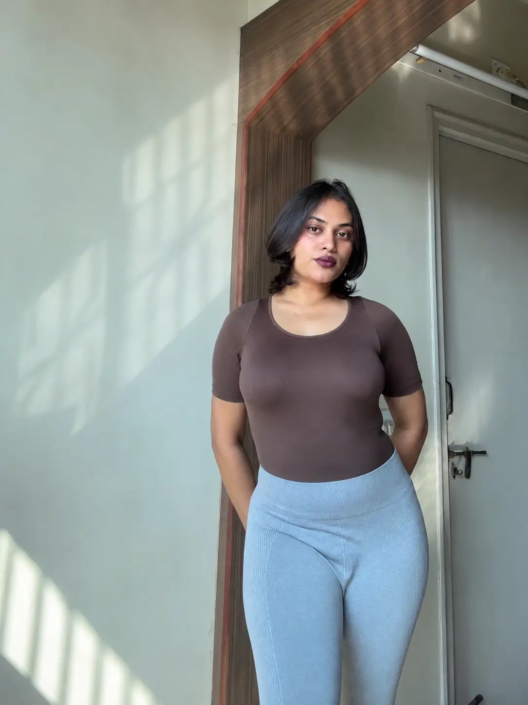 Scoop Neck Built-In Shapewear Bodysuit — Half Sleeve