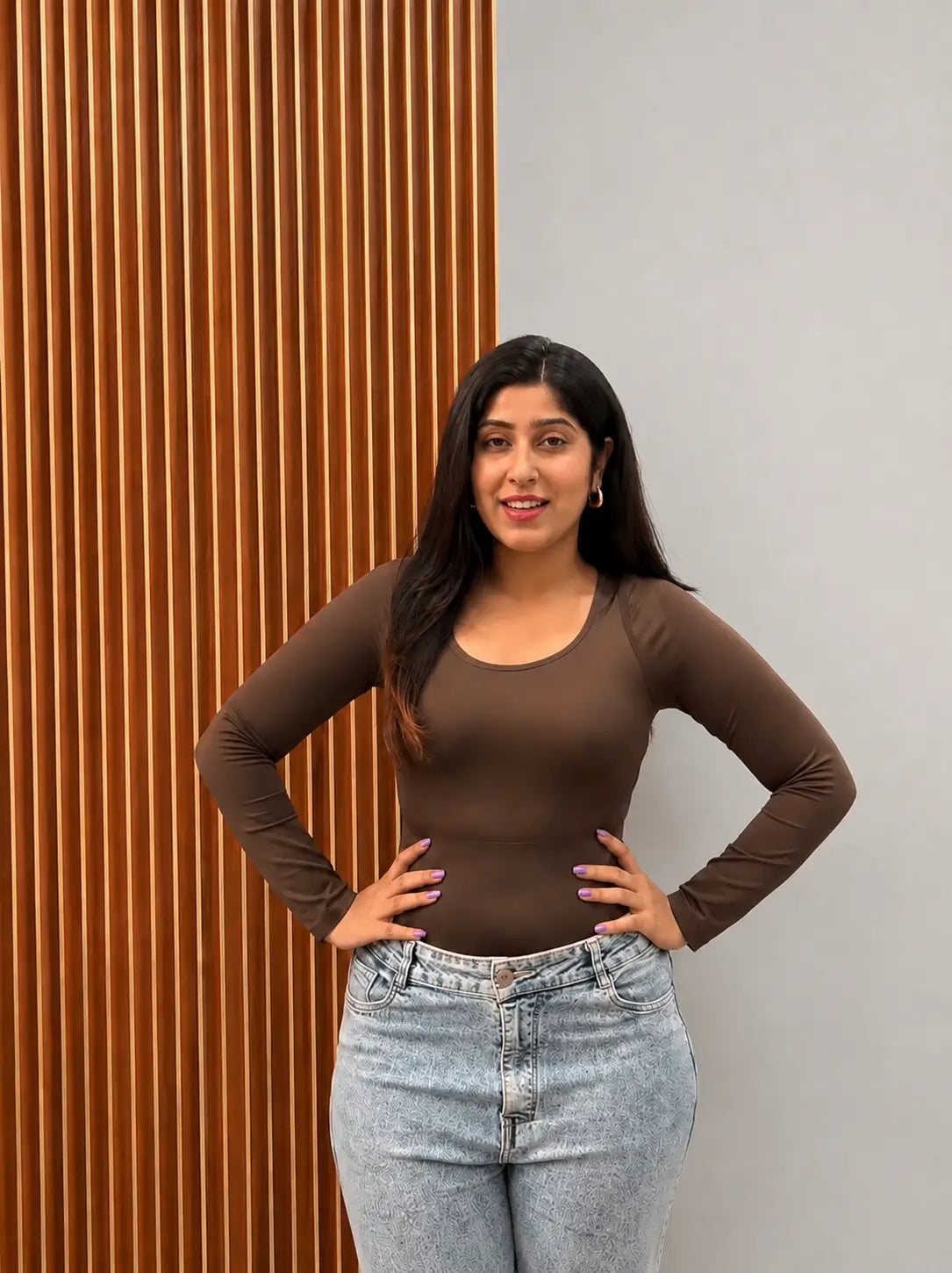 Scoop Neck Built-In Shapewear Bodysuit — Full Sleeve
